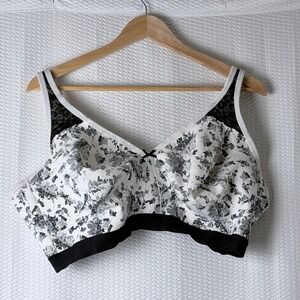 Cacique Wireless Bra Womens 46DDD White Black Floral Unlined Full Coverage Lace